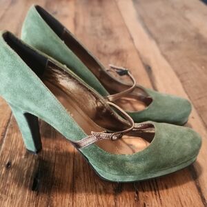 Charles Nolan Green Suede Heels with Gold Strap